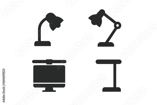 Workspace Lighting Icons Solid Filled Vector Set of Adjustable Desk Lamp, Articulated Arm Lamp, Monitor Light Bar, Task Lighting Essentials for Office and Study