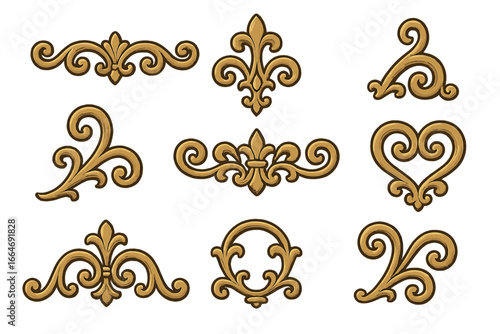 Set of decorative gold ornaments. Vintage baroque scroll and flourish elements. Classic floral filigree, fleur de lis and heart shape divider. Antique damask retro border vector