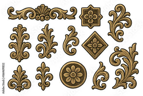 Set of vintage baroque ornaments. Gold decorative metal elements. Antique rococo scroll, filigree, and floral carvings. Classic architectural flourishes for borders and frames.