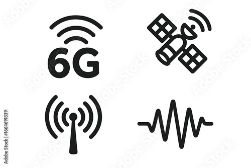 6G wireless communication technology icon set. Satellite internet, mobile network signal, data transmission waveform symbols. Future telecom and global connectivity concept.