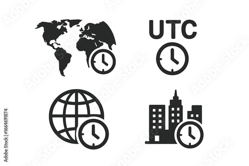World Clock Icons Set, Solid Filled Vector Symbols Representing Global Time Zones, UTC Clock, Earth Globe with Time, Cityscape and World Map Clocks for International Timekeeping
