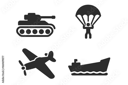 Solid filled World War II icons set with tank, paratrooper, warplane, submarine, landing craft, military operations, vintage combat equipment, vector illustration