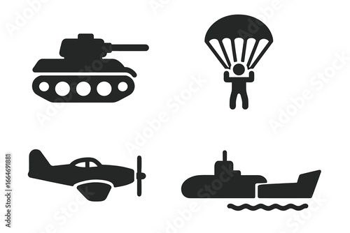 World War II military icons set, solid black filled vector illustrations of tank, paratrooper, warplane, submarine, and landing craft, transparent background, vintage army operation symbols
