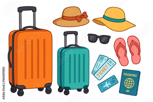 Travel and vacation accessories set. Cartoon vector illustration of luggage, suitcase, passport, tickets, sun hat, sunglasses, and flip flops. Holiday trip essentials collection.