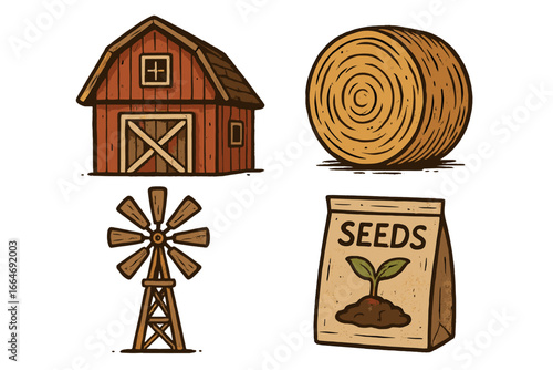 Rustic farm illustrations featuring classic barns, hay bales, vintage windmills, and seed packets in charming cartoon vector style for agricultural and rural themes