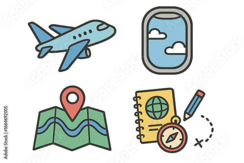 Travel icon set vector. Airplane flight, map pin, passport, compass for vacation journey planning. Tourism and adventure concept. Airline window view. Cartoon flat illustration.