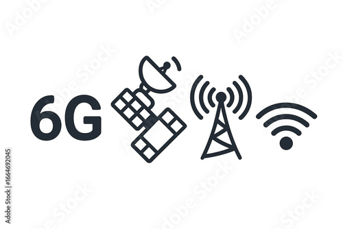 6G network technology concept. Wireless communication illustration. Mobile internet signal. Satellite connection, antenna tower and wifi icon set. Vector line art symbols.
