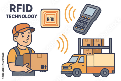 RFID technology for logistics and inventory management. Radio frequency identification with worker, scanner, and truck. Supply chain tracking and delivery system vector illustration.