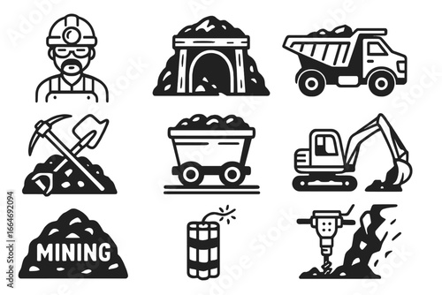 Mining icons set. Collection of industrial symbols for coal and mineral extraction. Vector illustration of a miner, dump truck, excavator, pickaxe, dynamite, and mine cart.