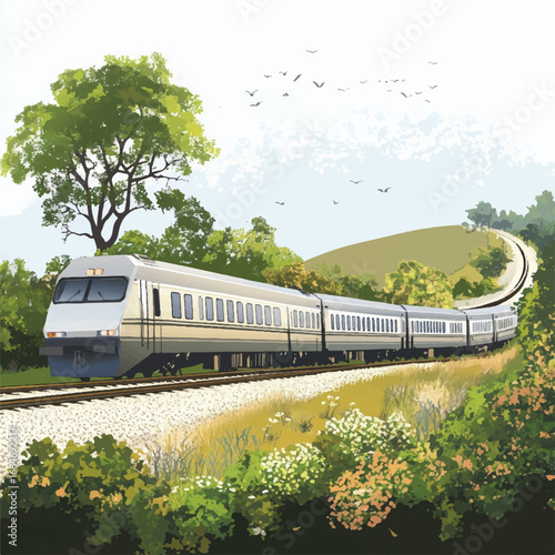 a passenger train with beautiful scenery