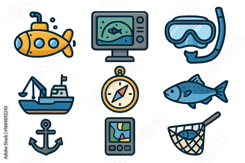 Sea exploration and fishing icon set. Nautical vector collection with submarine, fish finder, diving mask, boat, compass, anchor, GPS navigator, fish and landing net.