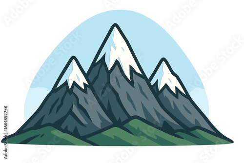 Mountain peaks with snow caps vector illustration. Nature landscape for outdoor adventure, travel, hiking, climbing. Simple cartoon logo or icon of a mountain range.