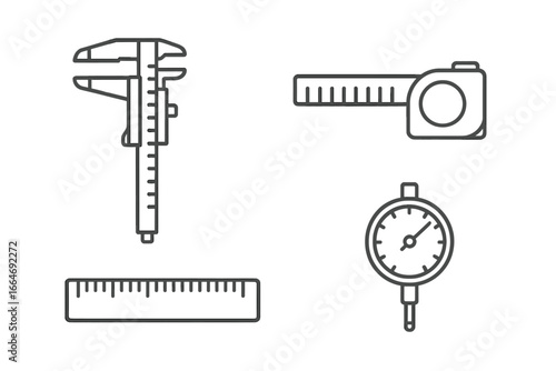 Precise Measurement Tools Icon Set with Calipers, Rulers, Tape Measure, and Dial Gauge - Linear Vector Cartoon Illustration with Transparent Background