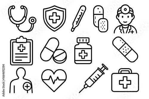 Medical and Healthcare Line Icon Set, Diagnosis and Treatment Symbols, Medicine Outline Collection, Cartoon Style Vector Illustration with Transparent Background, Ordered Set 3