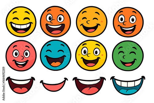 Expressions of joy and happiness with smiling faces and mouths. Vector cartoon character illustration set. Colorful emoticons and emoji with positive emotions. Isolated icons.