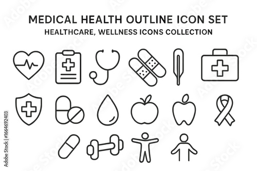 Medical Health Outline Icon Set, Healthcare and Wellness Vector Icons Collection, Cartoon Style with Transparent Background, Ordered Medical and Fitness Symbols