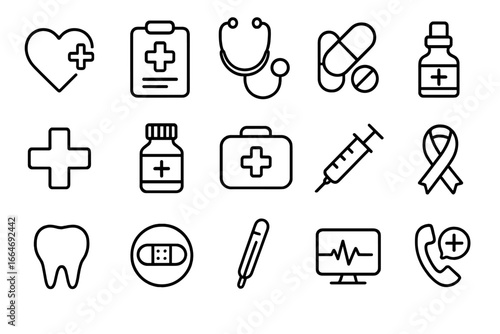 Medical health outline icon set, healthcare and wellness vector icons collection, cartoon style medical symbols and tools, transparent background, ordered healthcare icons set