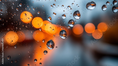 Rain-soaked glass showcases smooth droplets reflecting vibrant city lights during a rainy evening