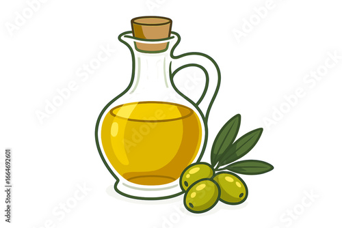 Glass jug of golden olive oil with an olive branch. Healthy organic food ingredient for cooking. Natural product for the Mediterranean diet. Vector cartoon icon isolated.
