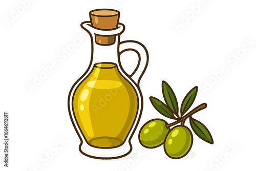 Olive oil in a glass bottle with a green olive branch. Vector cartoon illustration of a healthy cooking ingredient for the Mediterranean diet. Natural organic food concept icon.