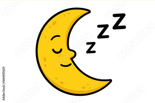 Yellow crescent moon sleeping icon with calm face and ZZZ rest symbol, cartoon style vector illustration with transparent background, sleep and nighttime concept, relaxation symbol