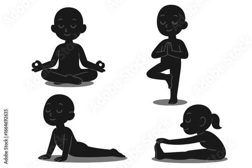 Yoga poses meditation children cartoon. Peaceful yoga kids silhouette practicing lotus, tree, cobra, seated forward fold positions. Mindfulness, healthy lifestyle, relaxation, vector illustration
