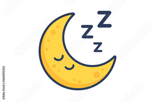 Crescent moon sleeping icon with peaceful ZZZ sleep symbols, restful night vector cartoon illustration, cute yellow moon with closed eyes, nighttime relaxation concept
