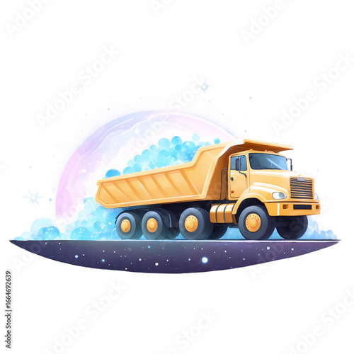 Whimsical illustration of a yellow dump truck carrying light blue material on a starry path with a pastel rainbow background.