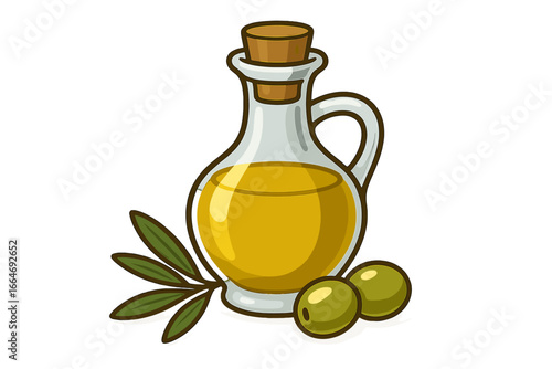 Olive oil in a glass bottle with olives and a branch. Vector illustration of healthy cooking ingredient for Mediterranean diet. Organic food concept isolated on white.