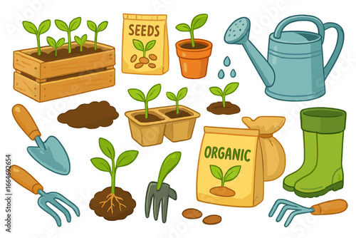 Gardening tools and equipment icon set for organic farming. Planting seeds, sprouts and seedlings in soil. Hobby agriculture concept with rake, shovel, watering can and boots.