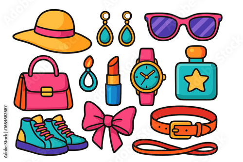 Colorful cartoon fashion accessories icon set. Vector illustration of woman's items: handbag, lipstick, sunglasses, watch, perfume. Stylish beauty and shopping elements.