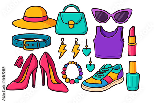Colorful Fashion Accessories Set. Cartoon Vector Illustration. Trendy Women’s Hat, Handbag, Sunglasses, Heels, Sneakers, Jewelry, Lipstick, Nail Polish, Belt, Clothing on Transparent Background