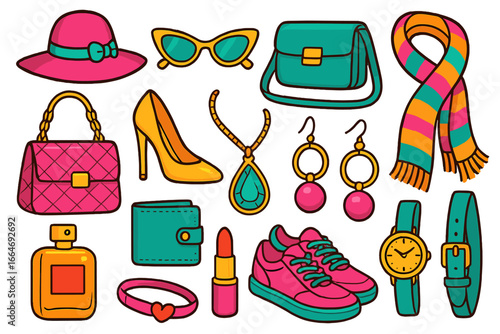 Woman fashion accessories vector set. Colorful cartoon collection of glamour shopping items. Beauty concept with handbag, shoes, hat, jewelry, lipstick and sunglasses.