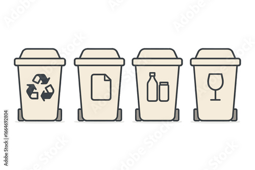 Waste sorting and recycling bin vector icons set. Trash containers for glass, paper, plastic. Garbage separation management concept. Eco friendly, environmental care symbols.
