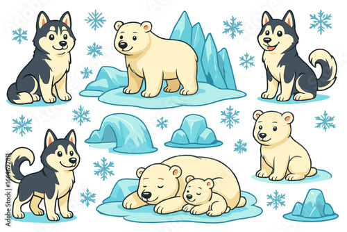Set of cute cartoon winter animals. Collection of husky dogs, polar bears, cubs, snowflakes, and icebergs. Arctic animal characters for kids design. Vector clipart illustration.