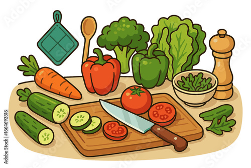 Preparing a healthy meal with fresh vegetables. Concept for cooking, vegetarian diet, and vegan lifestyle. Organic food ingredients on a cutting board with kitchen tools. Vector.