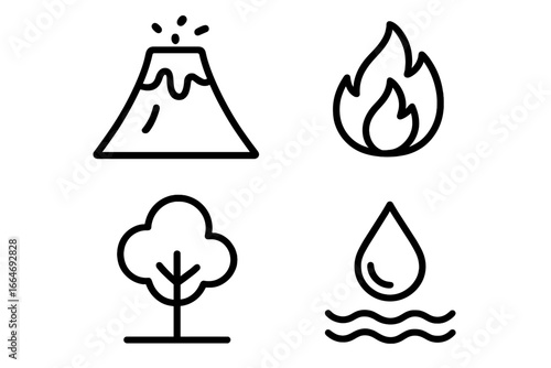 Nature Elements Outline Icon Set with Volcano, Fire, Tree, and Water Symbols, Cartoon Style Vector Collection for Environmental and Natural Concepts, Transparent Background