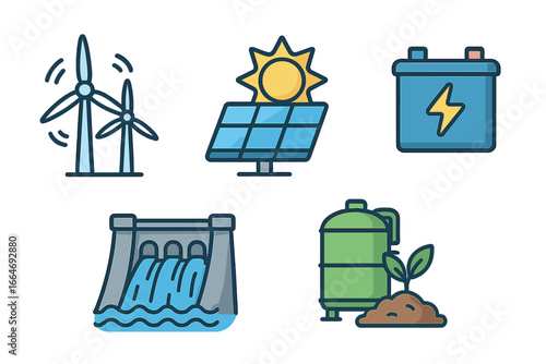 Renewable energy sources icon set. Wind turbine, solar panel, battery storage, hydroelectric dam, and biomass power. Green energy and sustainability concept vector cartoon.