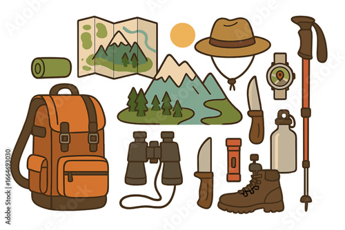 Outdoor Adventure Essentials for Hiking and Exploring Nature in Mountain Terrain, Vector Cartoon Illustration of Camping Gear and Navigation Tools Set on Transparent Background