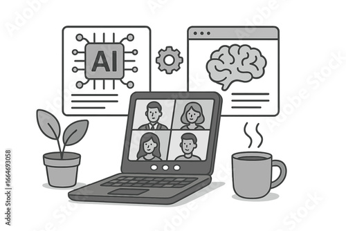 AI tools in digital workspace. Video conference on laptop. Remote work, online meeting, virtual team concept. Artificial intelligence, machine learning, business communication.