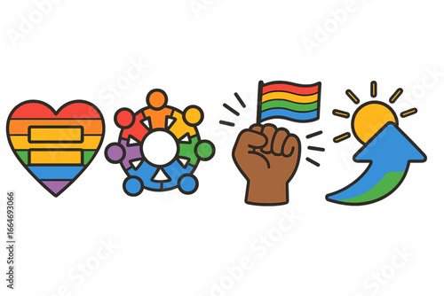 Pride icons set. Vector symbols of equality, diversity, community, and progress. LGBTQ celebration design. Rainbow heart, unity circle, activist fist, and growth arrow.