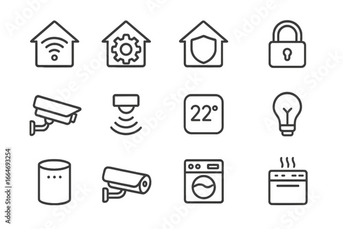 Smart home technology vector line icon set. Internet of Things (IoT) automation, security system, and appliance control icons. Remote management and smart house concept.