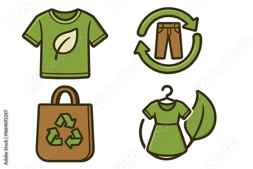 Eco-friendly clothing icon set. Sustainable and circular fashion concept. Vector icons for recycling, organic textile, slow fashion, ethical production and conscious consumption.