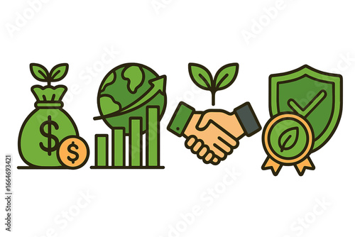 Sustainable business practices icon set. Green finance, eco growth, ethical partnership, and environmental certification. Vector illustration for ESG and corporate responsibility.