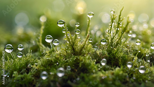 dew drops on moss, macro nature photography, water droplets close up, green moss with dew, morning dew on grass, natural macro shot, fresh nature scene, closeup moss photo, water drops on plants, tiny