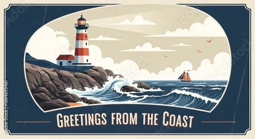 Nautical serenity: a vintage-inspired coastal landscape with a striking lighthouse and a distant sailboat, evokes a sense of seaside tranquility and nostalgic charm