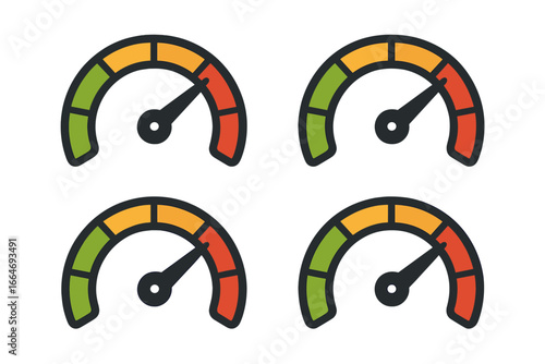 Set of speedometer vector icons. Car dashboard gauge for speed measurement. Performance indicator with low, medium, and high levels. Speed, power, and risk meter concept.