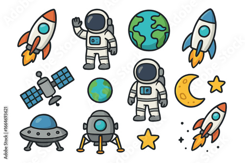 Space exploration icon set. Vector cartoon astronaut, spaceship, rocket, planet Earth, UFO, satellite, moon, and star. Cute comic graphic elements for kids astronomy.