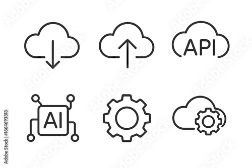 Tech and cloud computing line icon set. Vector symbols for download, upload, API, AI, and settings. Concepts for data storage, network, web services, software development.