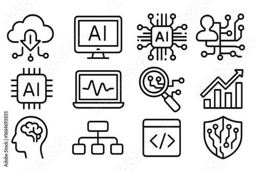 Technology AI and data line icon set. Cloud computing, machine learning, and analytics icons. Artificial intelligence, big data, network, cybersecurity vector collection.
